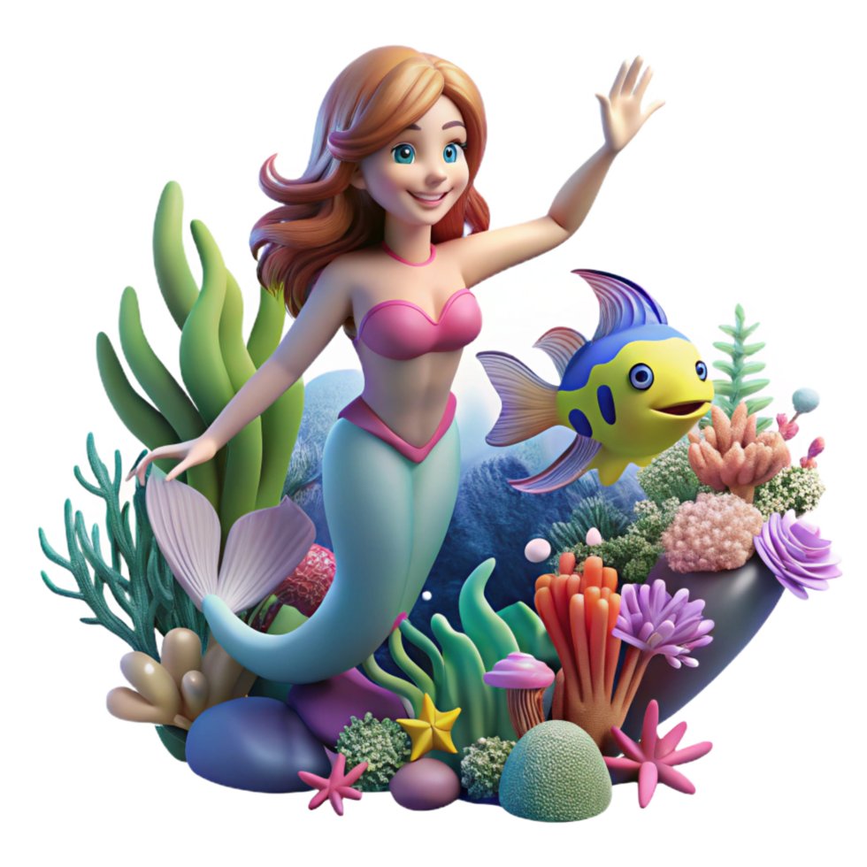 immaculate melancholic renaissance A graceful mermaid swimming through a coral reef teeming with colorful fish, underwater lighting, in a vibrant underwater photography style genuine png