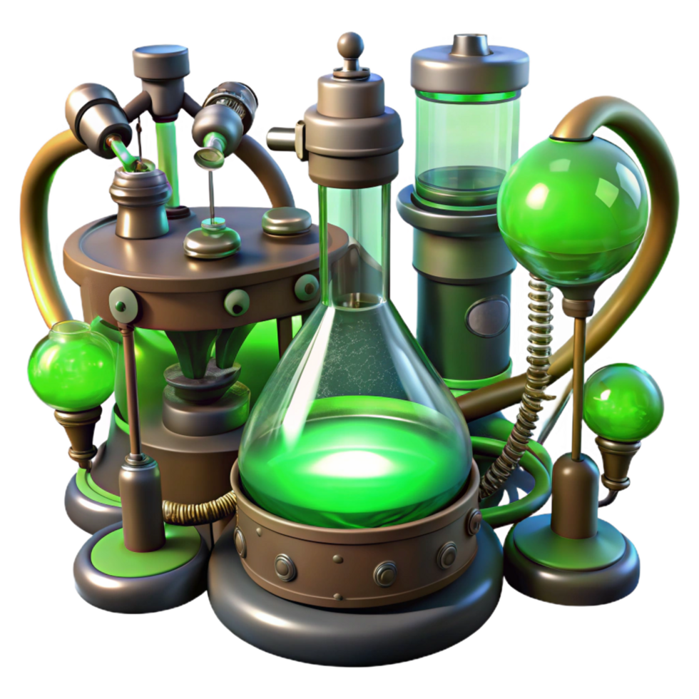 pristine elegant A steampunk laboratory, filled with bubbling beakers, sparking wires, and strange contraptions, bathed in the eerie green light of chemical reactions artisan png