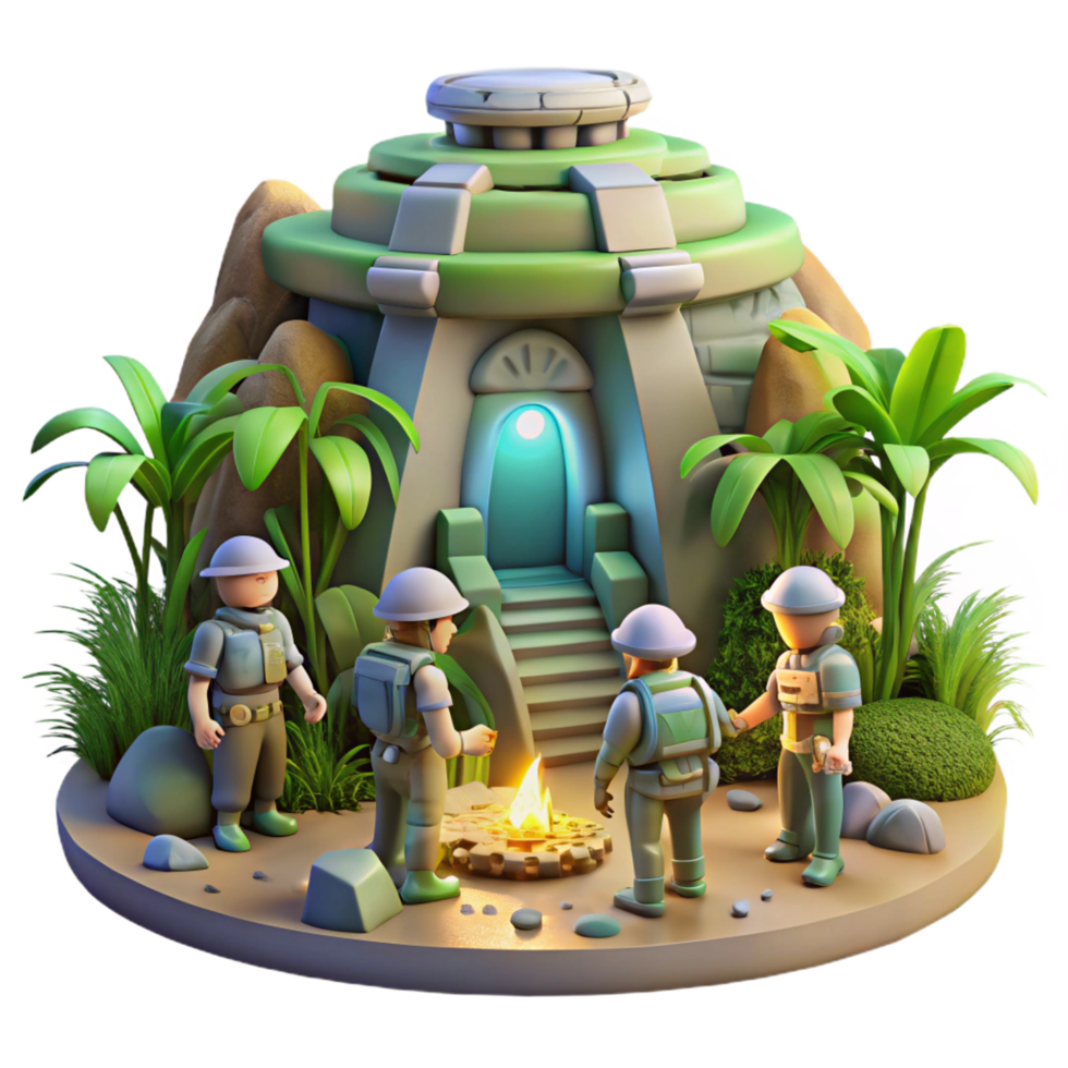 spectacular playful artistic A group of explorers discovering a hidden alien temple on a jungle planet. Pulp sci fi style. Adventure lighting original png