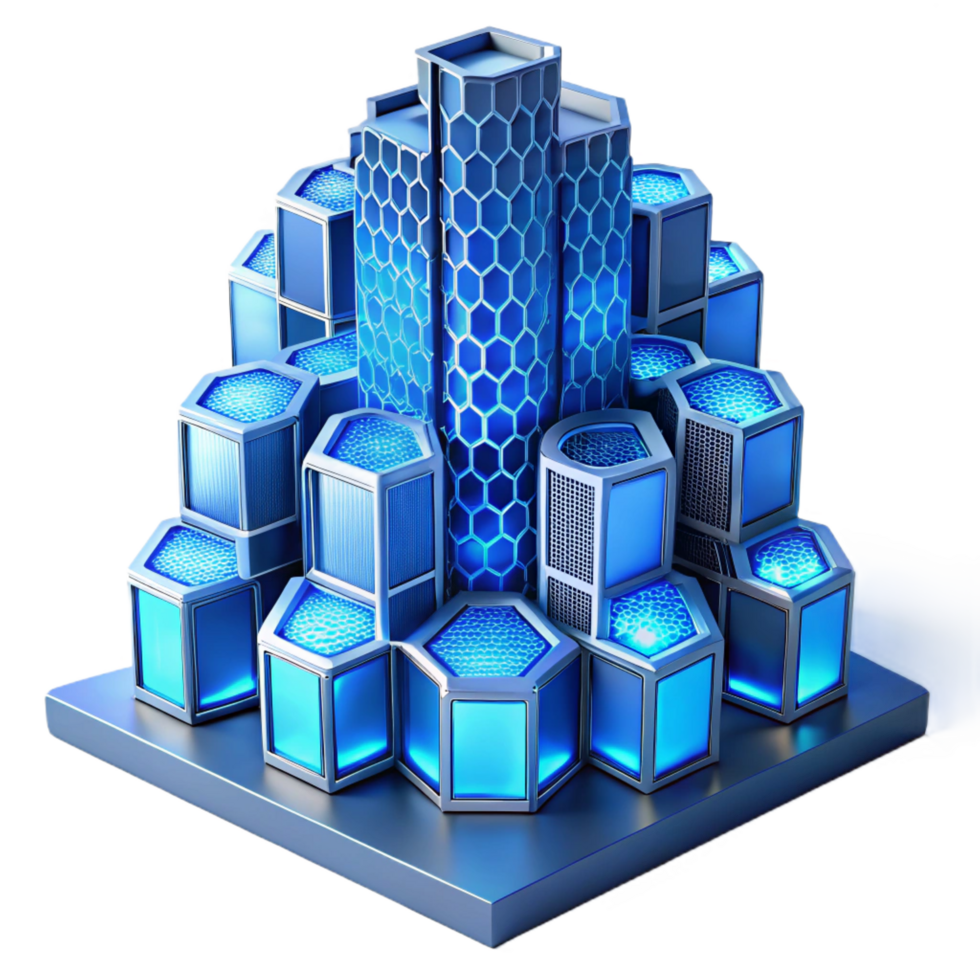 fascinating romantic elegant A futuristic skyscraper made of interconnected hexagonal modules, bathed in cool blue light, cyberpunk style 8K png