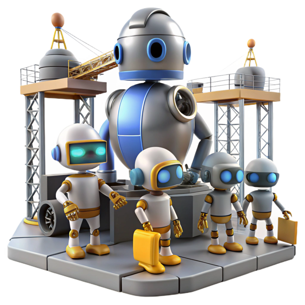 elegant nostalgic coastal A group of robots working on a massive construction project in space. Constructivist style. Industrial lighting sharp png
