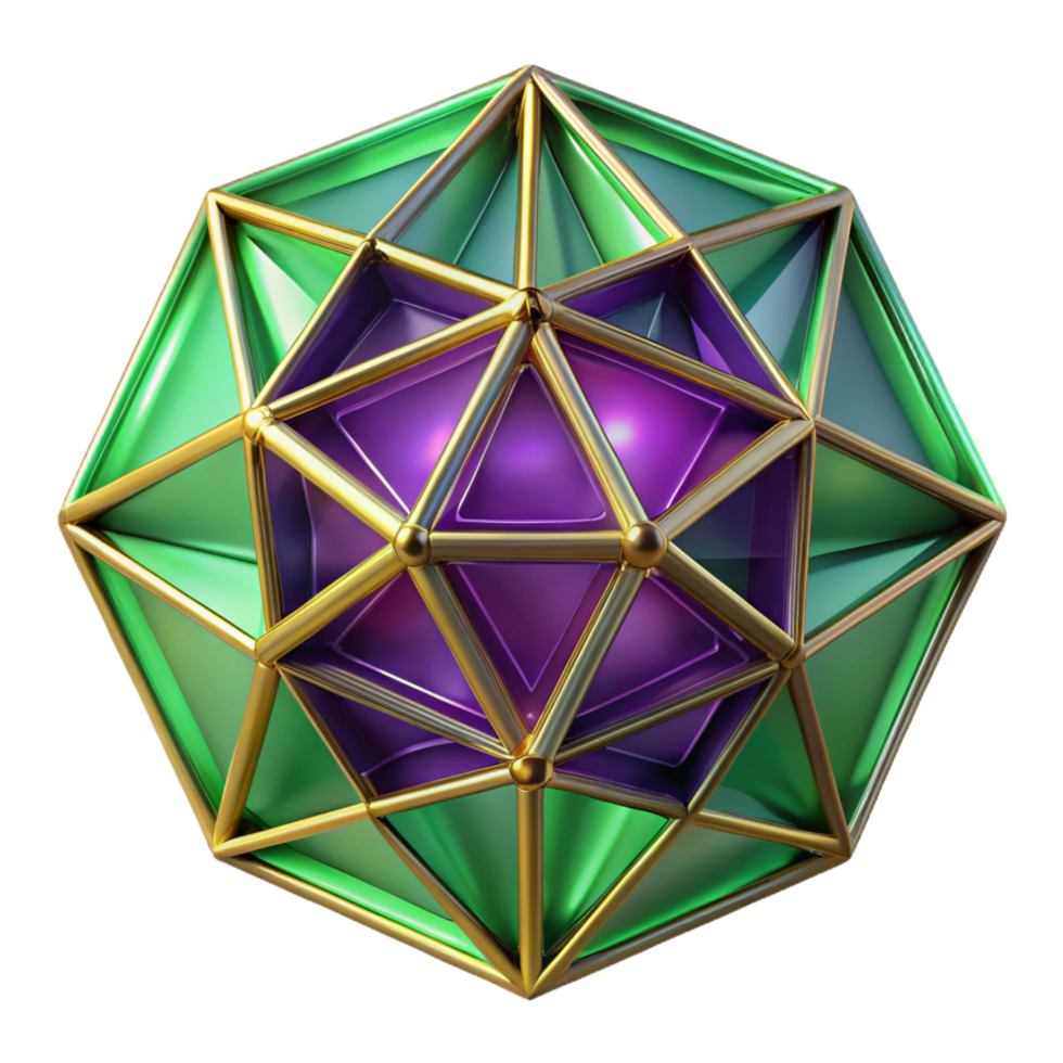tranquil stunning Geometric fractals in shades of deep violet and emerald green, interconnected by glowing golden lines, with soft ambient lighting flawless png