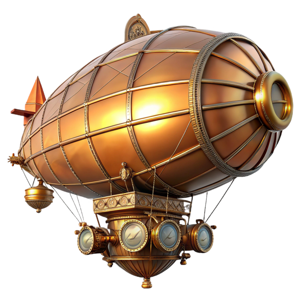 timeless nordic A majestic steampunk airship, copper and brass, intricate clockwork gears visible, bathed in the warm glow of sunset, highly detailed, cinematic lighting expertly shot png