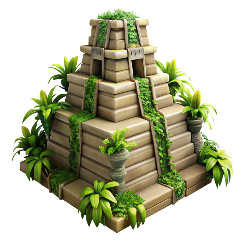 fascinating sought after An ancient Mayan pyramid overgrown with jungle vines, dappled sunlight, intricate stone carvings, mysterious atmosphere, sense of ancient history png