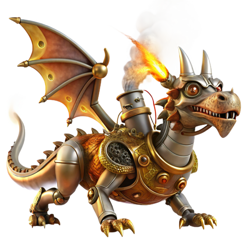 mesmerizing harmonious gothic A steampunk dragon, made of gears, pipes, and brass plates, breathing steam, dramatic, fiery lighting, fantasy art style exclusive png