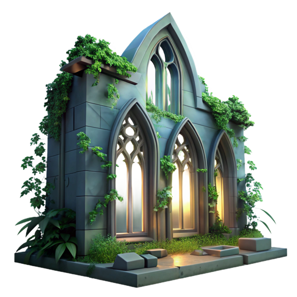enchanting classic A crumbling gothic cathedral overgrown with ivy, illuminated by a single ray of moonlight through a broken stained glass window, eerie and atmospheric authentic png