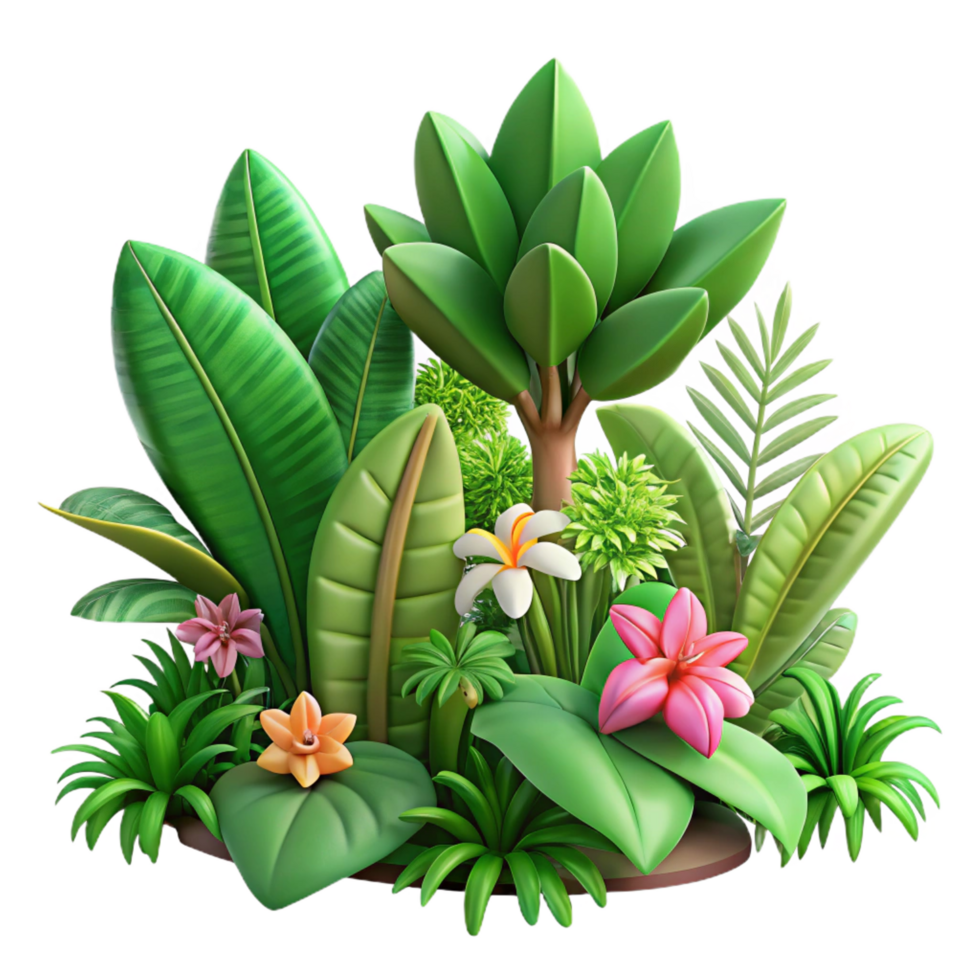 whimsical dazzling A lush tropical rainforest, vibrant green foliage, exotic flowers, humid atmosphere, handcrafted png