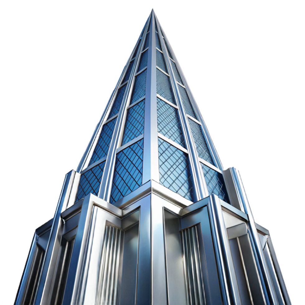 dramatic reflective mid century Art Deco skyscraper, chrome and glass, sharp angles, volumetric lighting, high contrast, stylized, expertly shot png