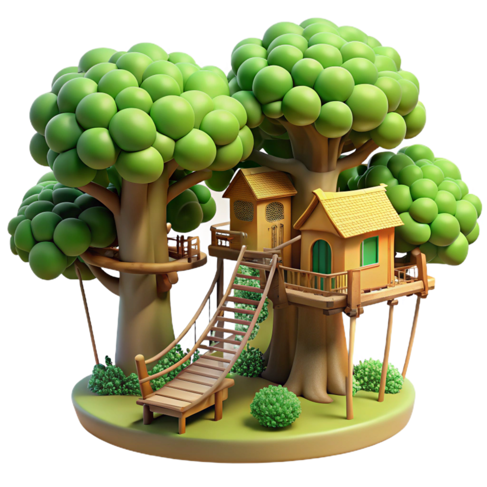beautiful iconic A treehouse village connected by rope bridges, lush green foliage, dappled sunlight, whimsical style, png