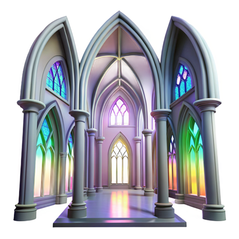 extraordinary mid century Gothic cathedral interior, stained glass windows casting colorful light, ethereal atmosphere, Greg Rutkowski, flawless png