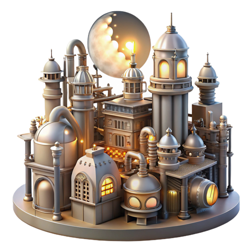 celebrated contemporary A steampunk cityscape, with towering buildings connected by intricate networks of pipes and gears, illuminated by the warm glow of gaslights and the soft light of the moon 8K png