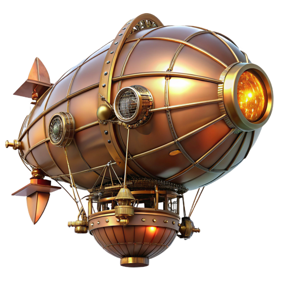 fascinating calm artistic A majestic steampunk airship, copper and brass, intricate clockwork gears visible, bathed in the warm glow of sunset, highly detailed, cinematic lighting crisp png