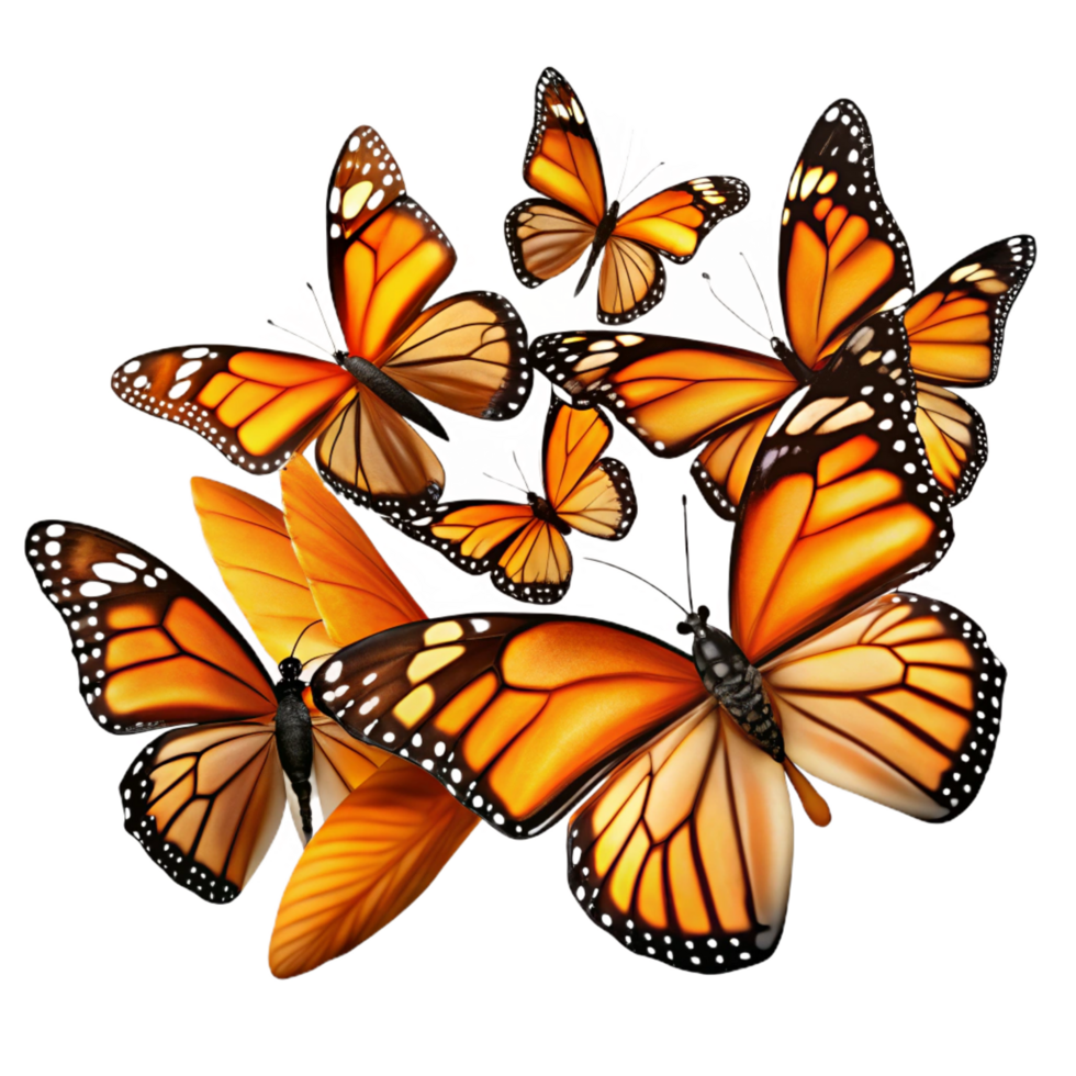 extraordinary victorian A swarm of monarch butterflies migrating across a clear blue sky, their orange and black wings creating a vibrant pattern, in a dynamic, abstract style fine detail png