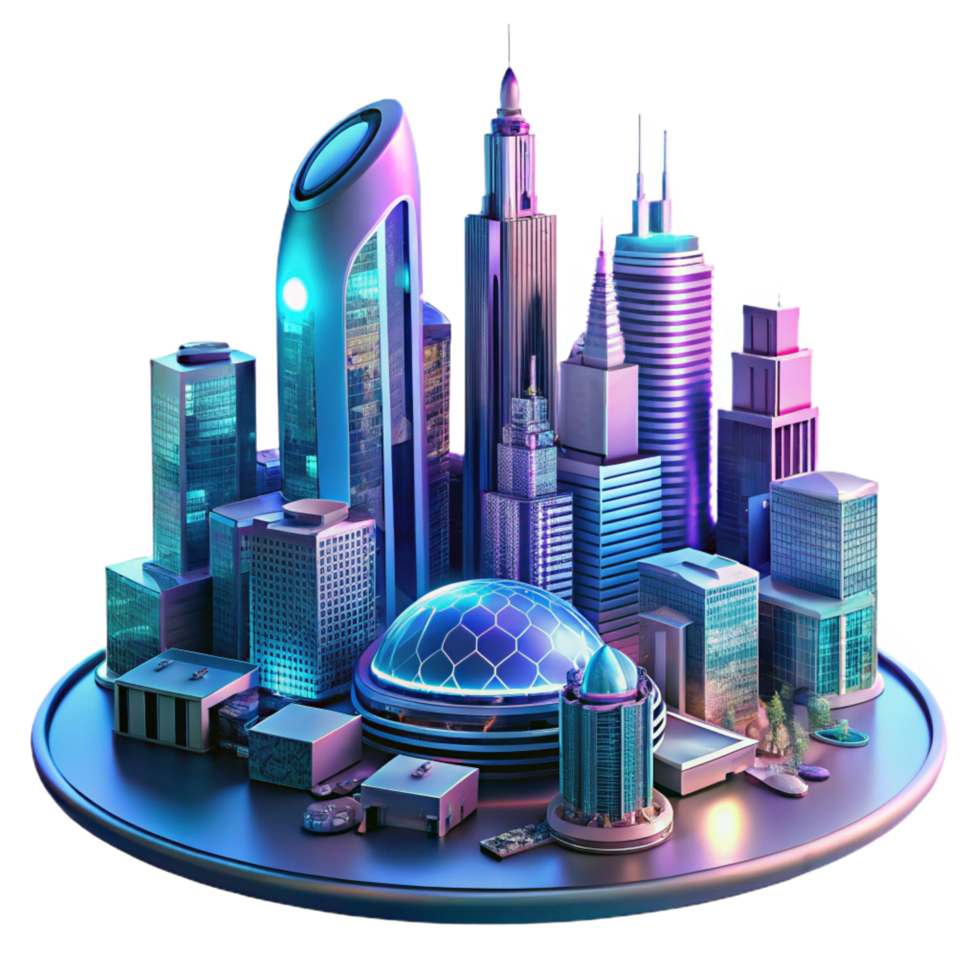 impressive remarkable A futuristic cityscape, with towering skyscrapers and flying vehicles, is reflected in the polished chrome surface of a giant robot. Neon, vibrant lighting. Cyberpunk style png