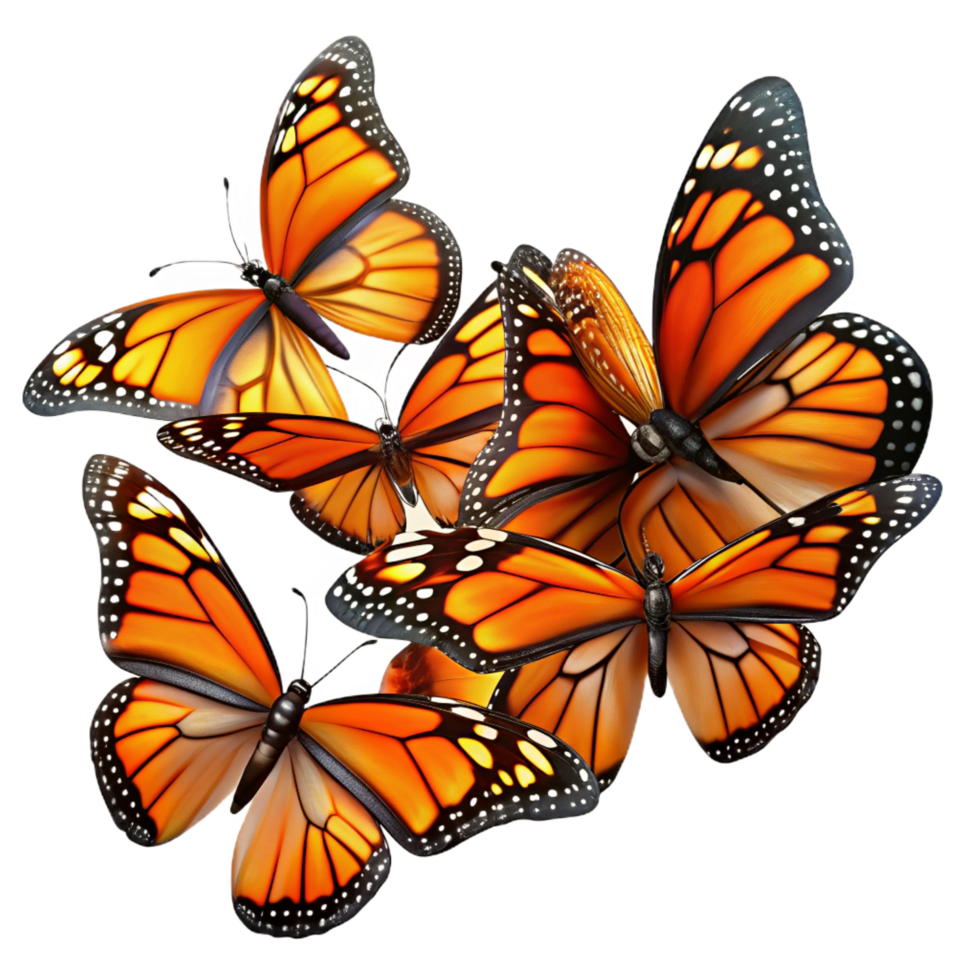exceptional nordic A swarm of monarch butterflies migrating across a clear blue sky, their orange and black wings creating a vibrant pattern, in a dynamic, abstract style handcrafted png