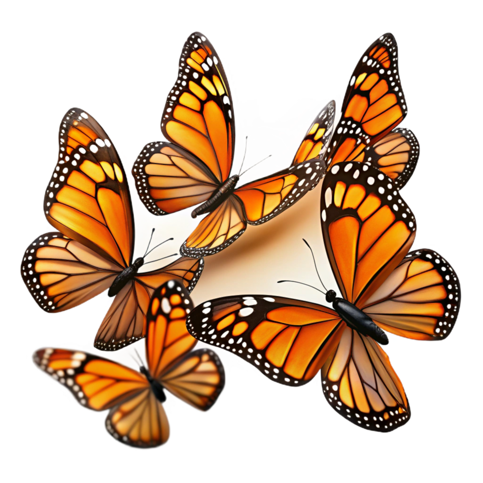 picturesque unparalleled A swarm of monarch butterflies migrating across a clear blue sky, their orange and black wings creating a vibrant pattern, in a dynamic, abstract style png