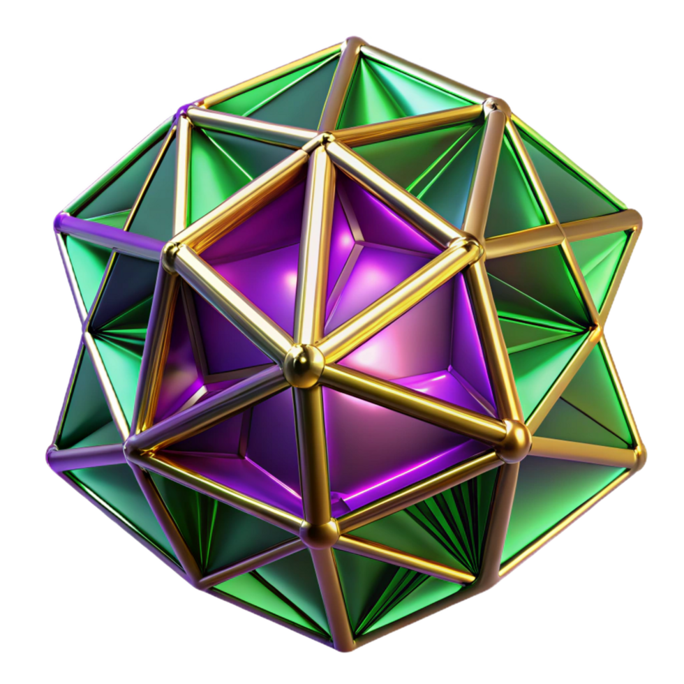 vibrant futuristic Geometric fractals in shades of deep violet and emerald green, interconnected by glowing golden lines, with soft ambient lighting expertly shot png