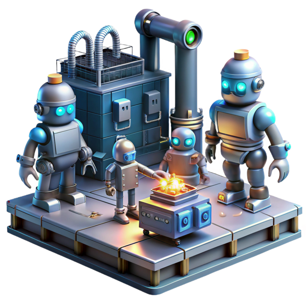 exceptional renaissance A group of robots working in a futuristic factory, glowing machinery and sparks flying, industrial setting, gritty and realistic style gallery standard png