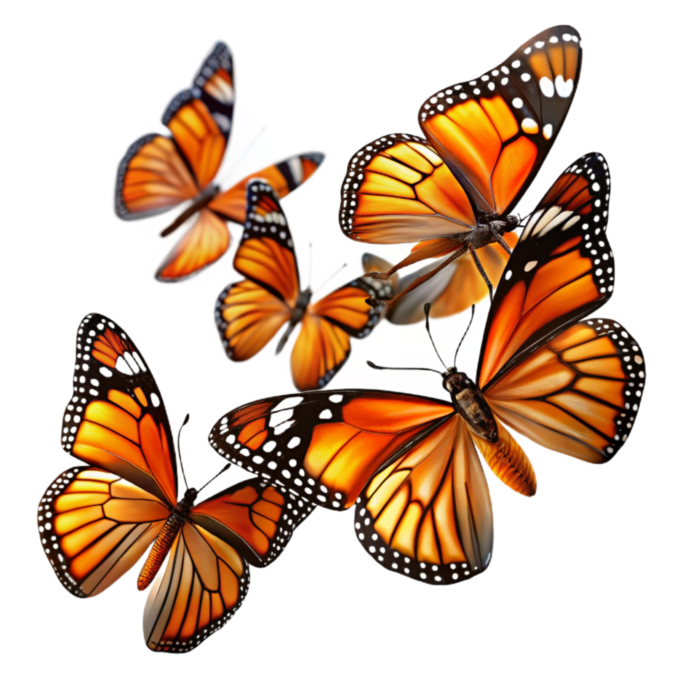 majestic distinguished A swarm of monarch butterflies migrating across a clear blue sky, their orange and black wings creating a vibrant pattern, in a dynamic, abstract style png