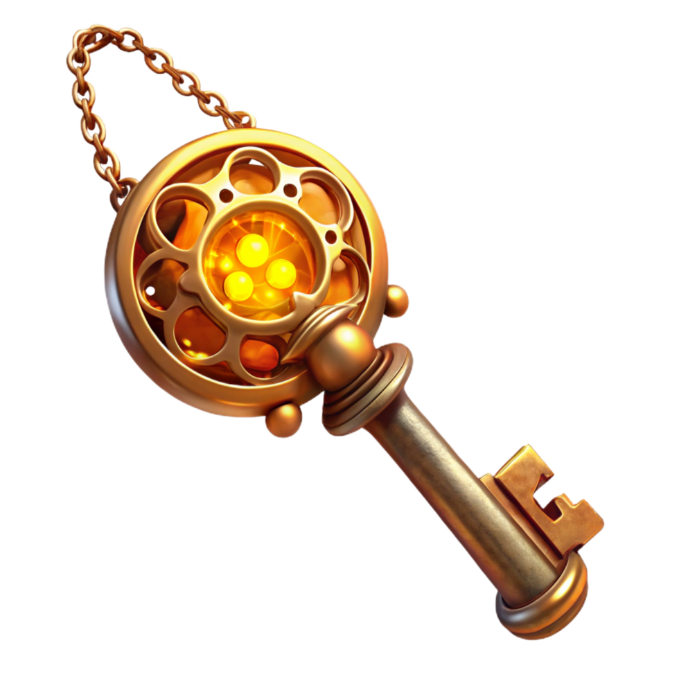 romantic captivating A steampunk key with intricate filigree and a clockwork mechanism, hanging from a chain, warm, golden lighting, fantasy art style museum quality png