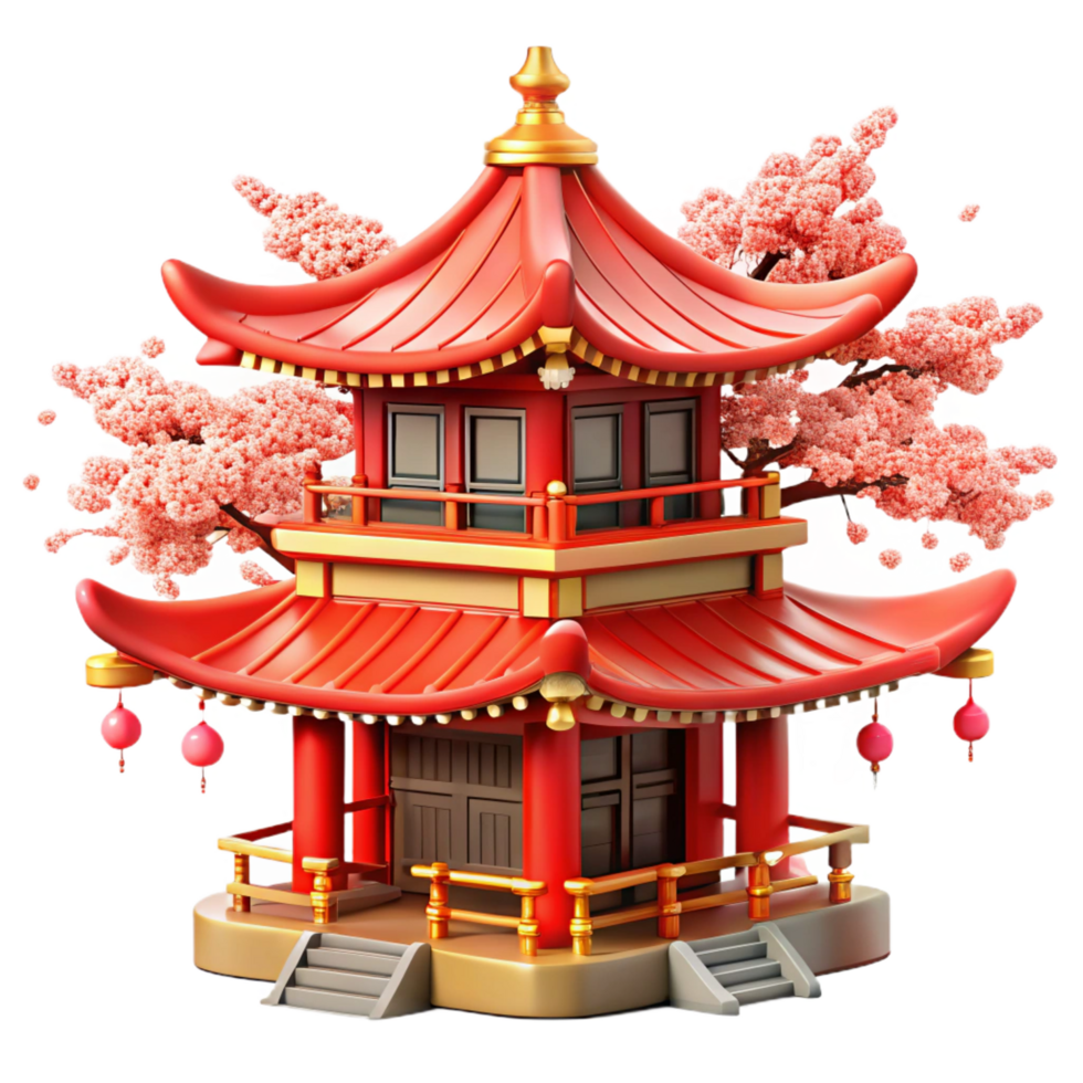 whimsical splendid A traditional Chinese pagoda with red and gold details, intricate carvings, surrounded by cherry blossoms impeccable png