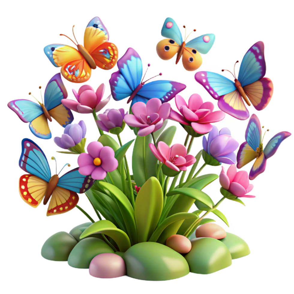 gorgeous traditional A swarm of colorful butterflies fluttering around a flowering bush, garden setting, Impressionist painting style ultra HD png