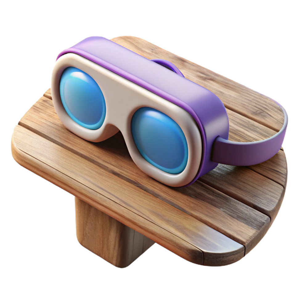 rare minimalist A pair of virtual reality goggles resting on a worn wooden table, soft ambient light highlighting their smooth contours, vintage style artisan png