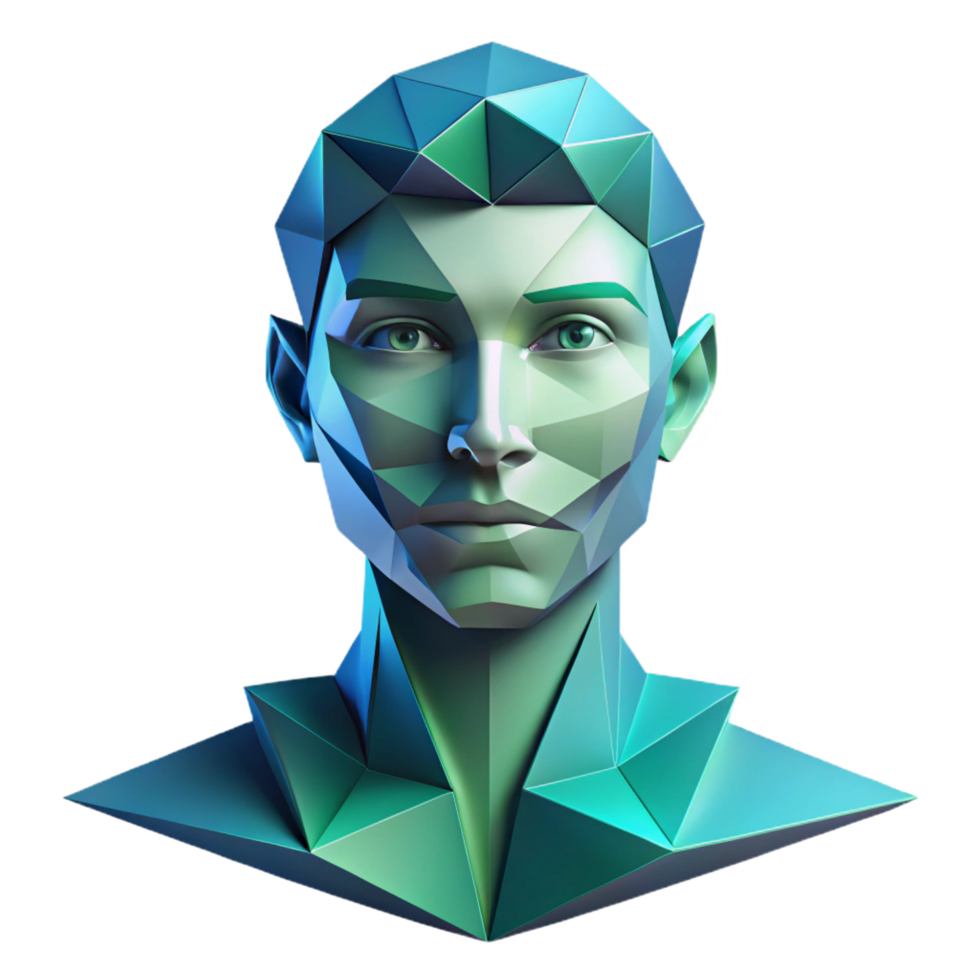 alluring reflective bohemian An abstract portrait composed of fragmented, geometric shapes, in shades of blue and green, with soft, diffused lighting elite png