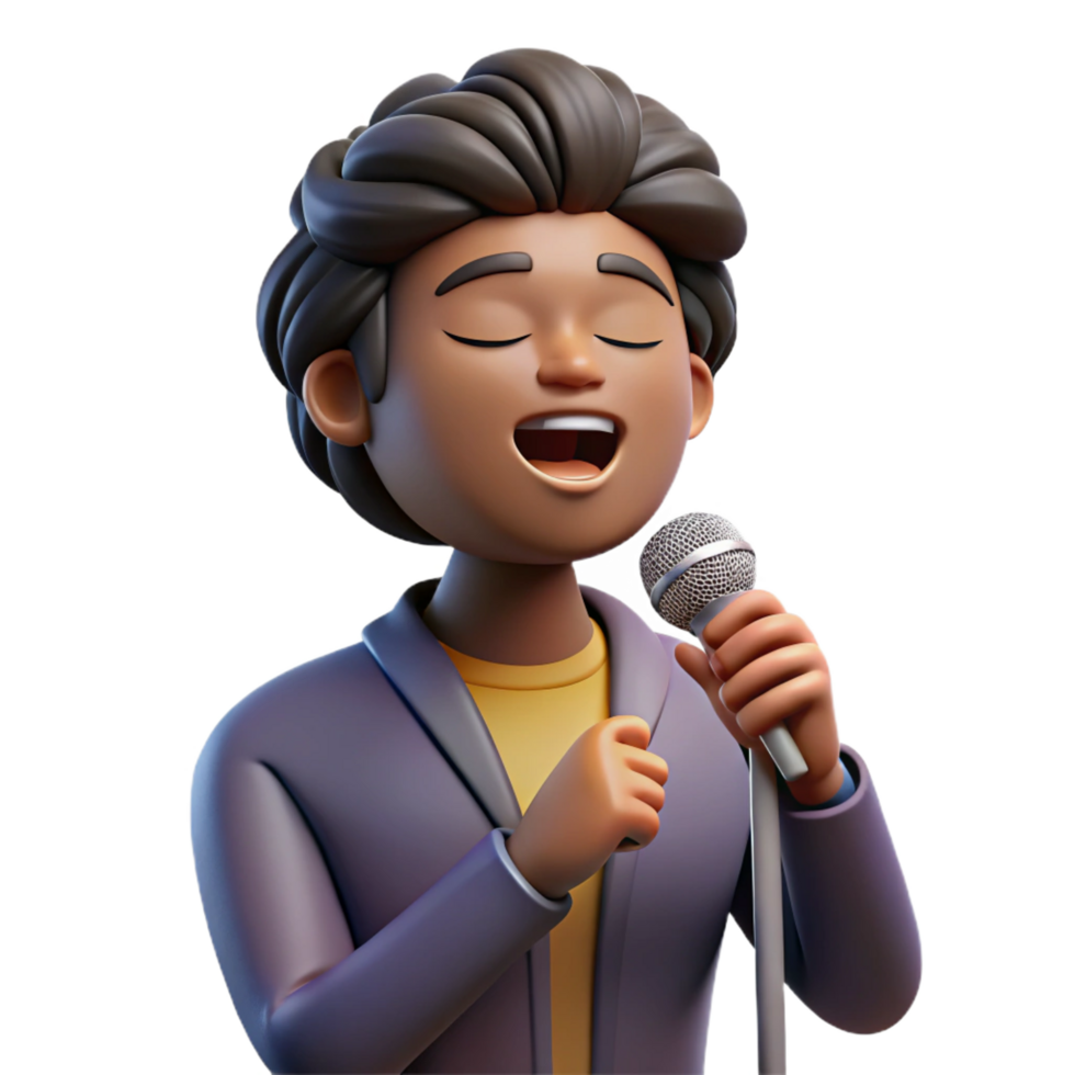 nostalgic striking Portrait of a soulful singer with a microphone, closed eyes, and a passionate expression, lit by a single spotlight, in a concert photography style studio quality png