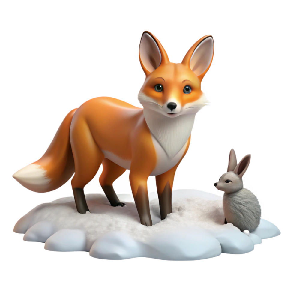ethereal beautiful A sly fox hunting a rabbit in a snowy field, winter landscape, realistic rendering 4K png