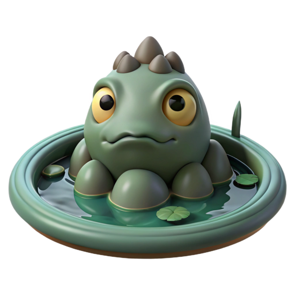 timeless geometric A lone kappa lurking in a murky pond, its hollow head filled with water, under a gloomy sky. Japanese folklore style high resolution png