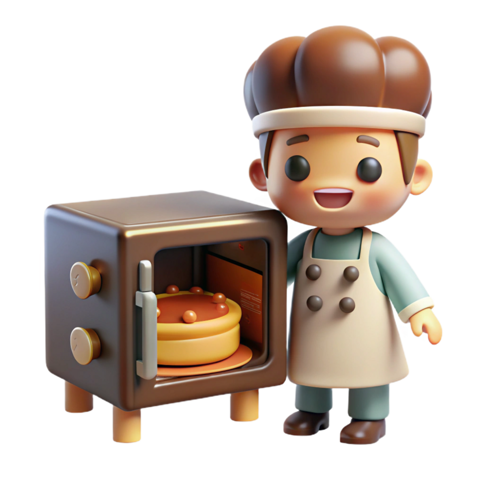 mesmerizing modern A mischievous brownie baking a cake in a tiny oven, warm lighting, cozy and whimsical, children s book illustration style precision png