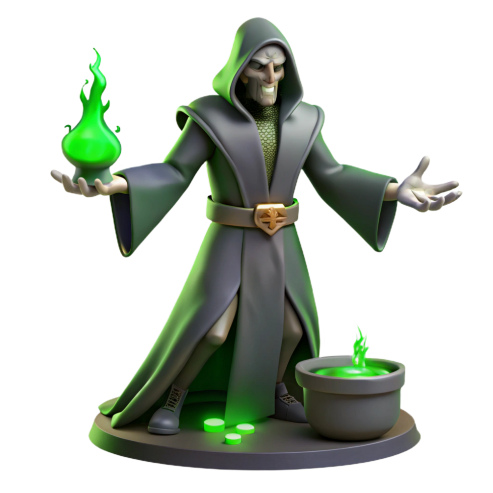 romantic immaculate A sinister warlock performing a ritual in a dark forest, eerie green lighting, dark fantasy style studio quality png