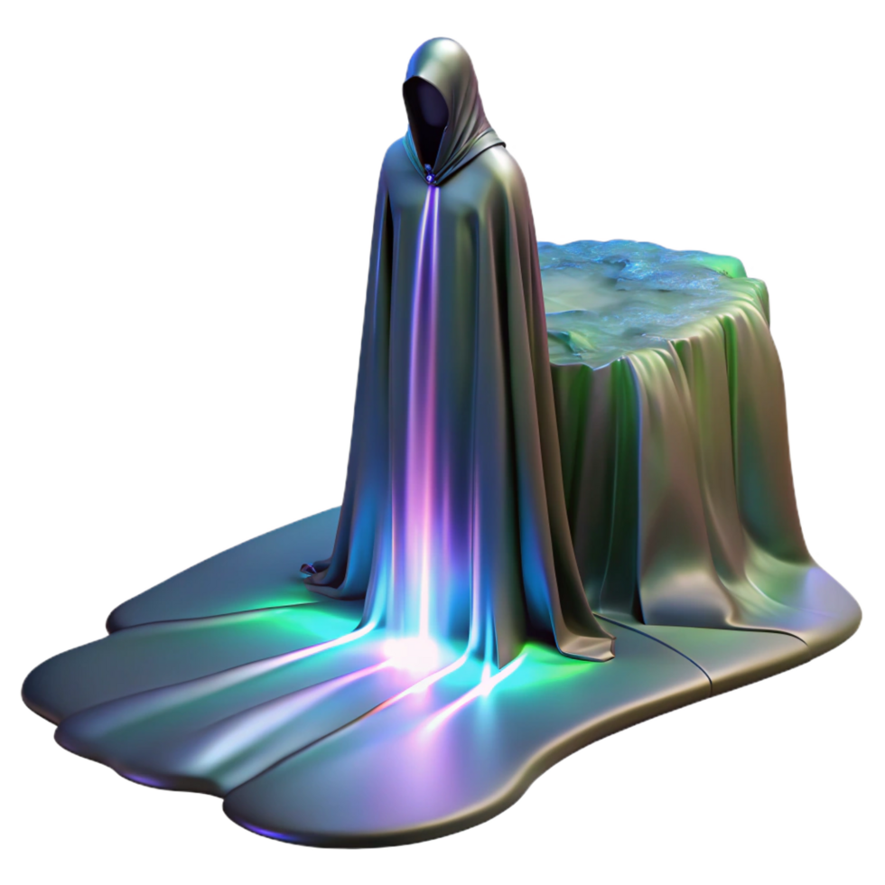 energetic exquisite A lone, cloaked figure standing at the edge of a shimmering, iridescent waterfall that flows into the void, cool, ethereal lighting, Romantic painting style original png