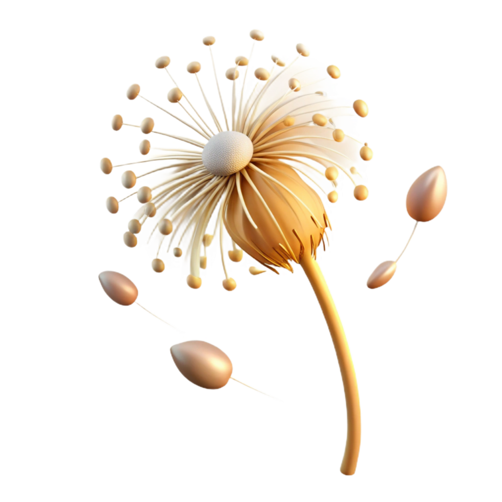 alluring futuristic A single dandelion seedhead with seeds blowing in the wind, golden hour lighting, whimsical style high resolution png