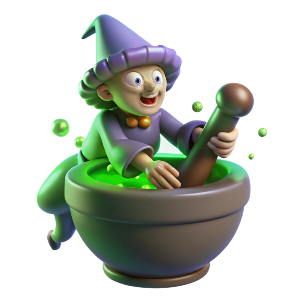 signature tropical A wise Baba Yaga flying in her mortar and pestle, eerie green lighting, Slavic folklore style exclusive png