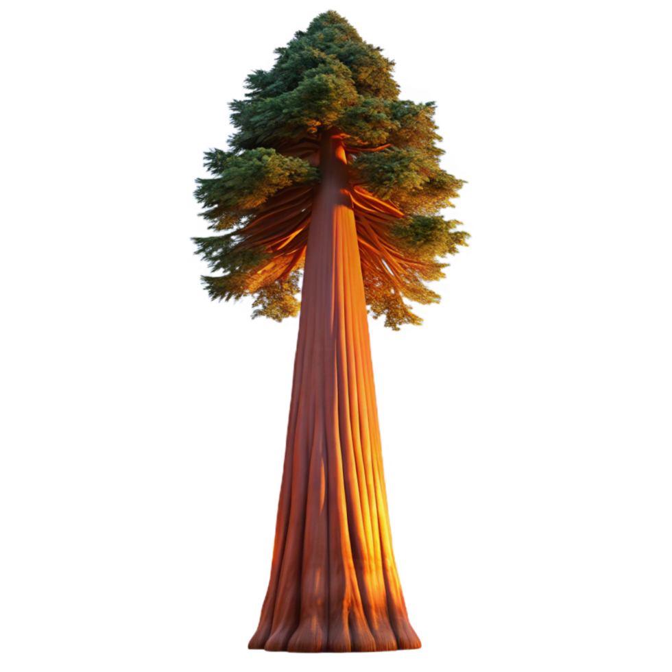 alluring minimalist A giant sequoia tree reaching towards the sky, soft golden sunset light, awe inspiring and majestic, photorealistic style 4K png