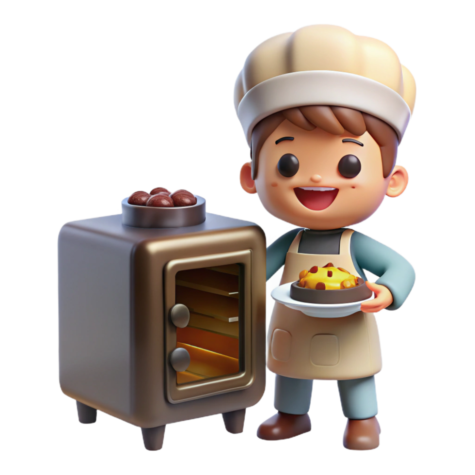 tranquil immaculate A mischievous brownie baking a cake in a tiny oven, warm lighting, cozy and whimsical, children s book illustration style gallery standard png