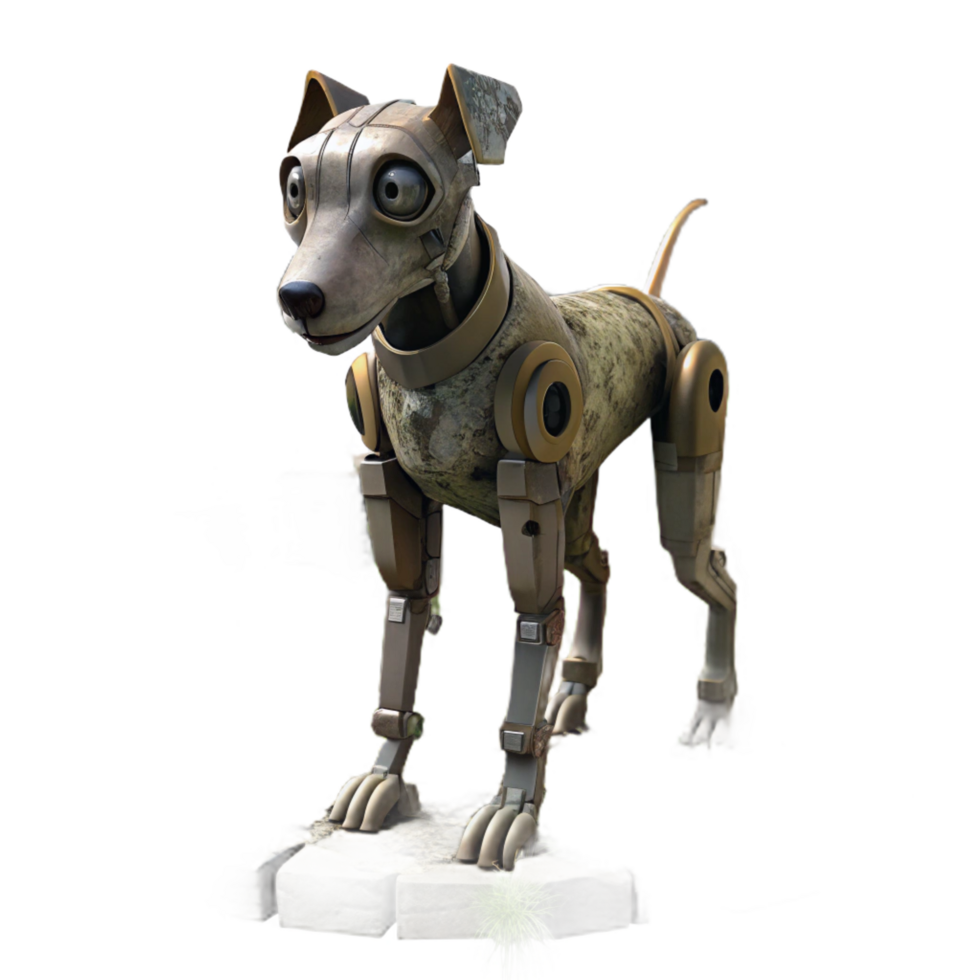 spectacular impressionist A lone, robotic dog wanders through a deserted, post apocalyptic city, overgrown with vegetation. Cyberpunk style, gritty texture elite png