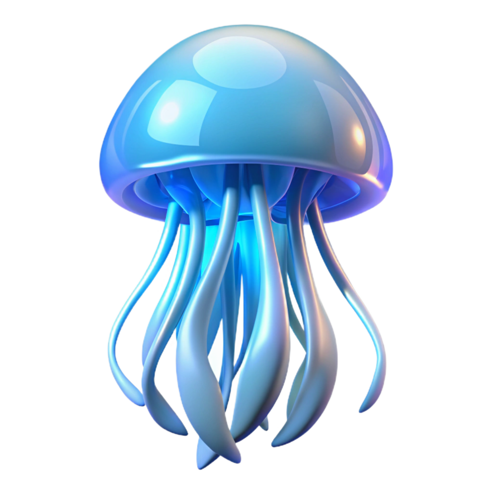 glorious passionate creative A colossal, bioluminescent jellyfish floating in a dark abyss, its tentacles emitting a soft blue glow, otherworldly and surreal style handcrafted png