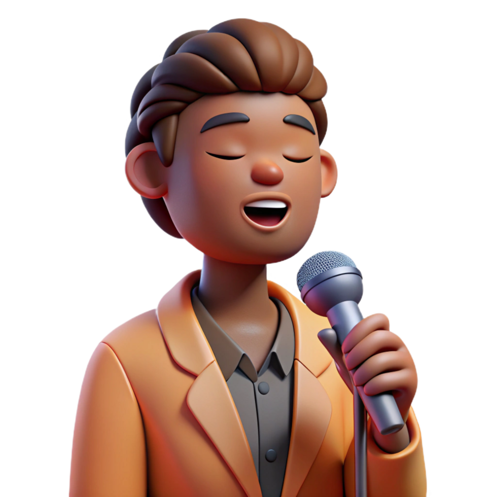 splendid standout Portrait of a soulful singer with a microphone, closed eyes, and a passionate expression, lit by a single spotlight, in a concert photography style png