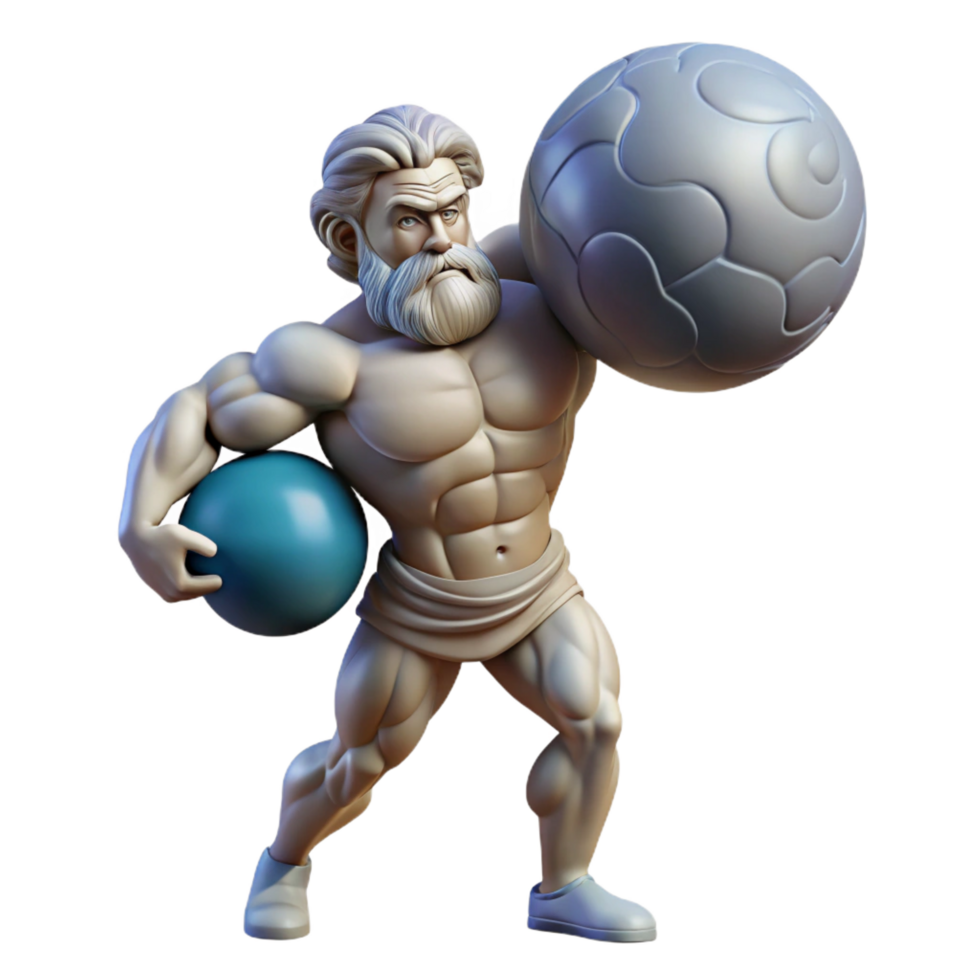 elegant inspired A stoic Atlas bearing the weight of the world on his shoulders, muscles straining, dramatic lighting, Baroque style, png