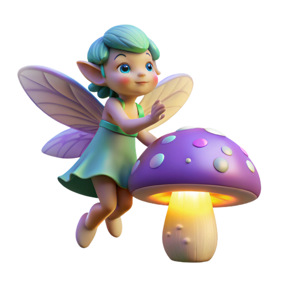 wonderful futuristic A mischievous pixie with iridescent wings hovering over a glowing mushroom, soft moonlight illuminating the scene, whimsical and painterly style ultra HD png