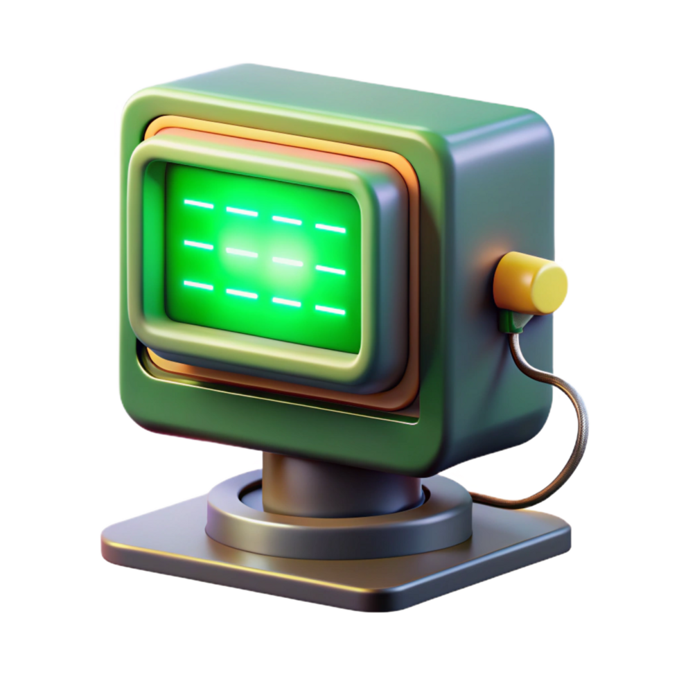 wonderful joyful modern A vintage computer monitor displaying complex code, bathed in the green glow of its CRT screen, wires and cables trailing from its back, rendered in a pixel art style 4K png