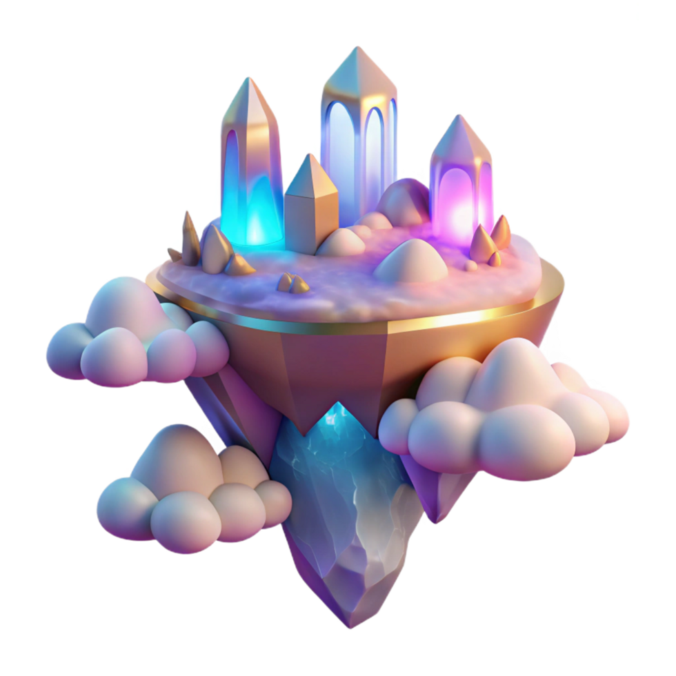 extraordinary geometric A floating island with crystal castles and waterfalls cascading into the clouds, vibrant sunset lighting, dreamlike style flawless png