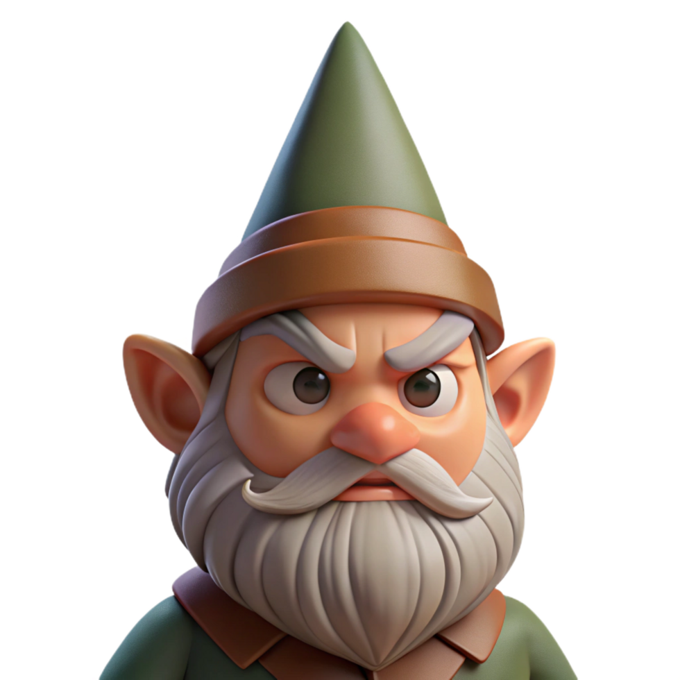 beautiful quintessential Portrait of a grumpy gnome with a pointed hat, a bushy beard, and a frowning expression, lit by dim, earthy light, in a whimsical fantasy style png