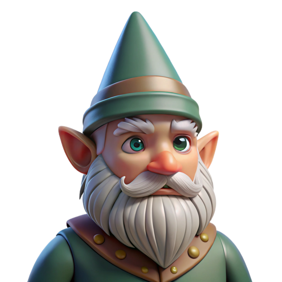 dreamy pristine Portrait of a grumpy gnome with a long beard and a pointed hat, dim forest lighting, fantasy art style museum quality png