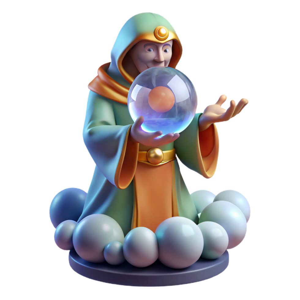 striking remarkable A wise oracle gazing into a crystal ball, swirling mists and ethereal light, surrealist style png