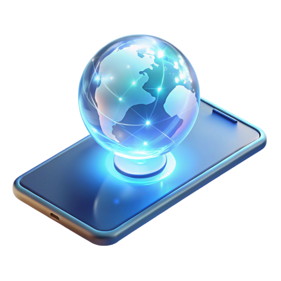 glorious organic A levitating transparent smartphone displaying a holographic world map, illuminated by a soft white light in a minimalist style professional png