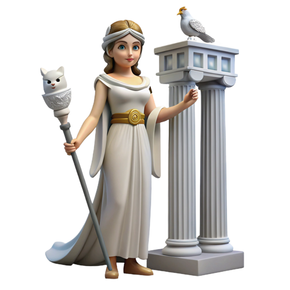 impressive reflective bohemian A wise Athena standing in a temple, holding her owl and spear, serene and contemplative, classical Greek style, artisan png